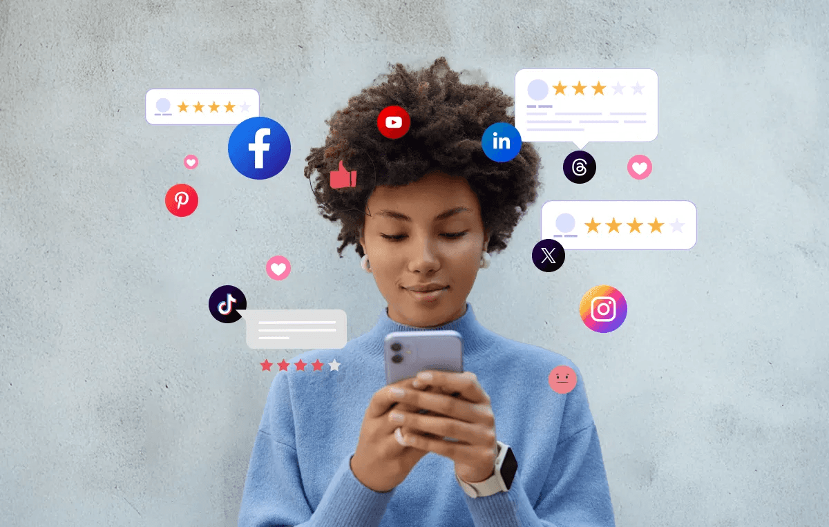 Woman surrounded by social media icons - Social Media Hooks
