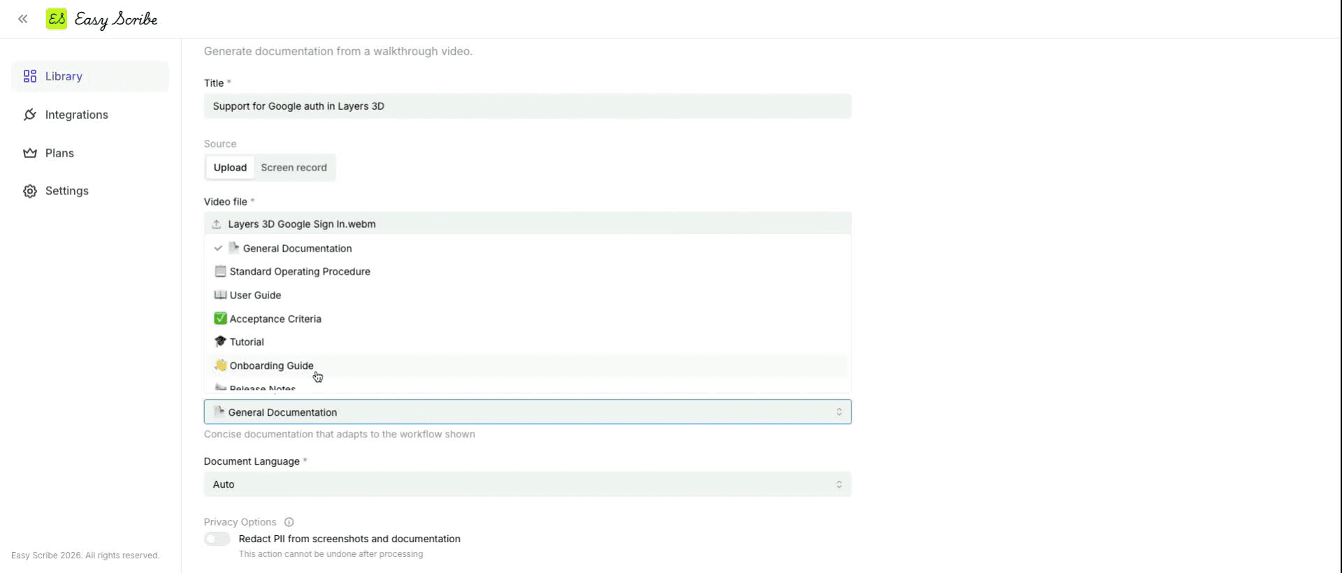 Easy Scribe document generation form showing the document type dropdown with template options including General Documentation, Standard Operating Procedure, and User Guide