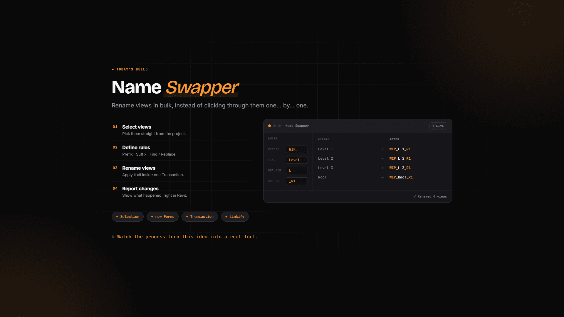 NameSwapper tool: select views, define rules, rename views, report changes - with live UI mockup