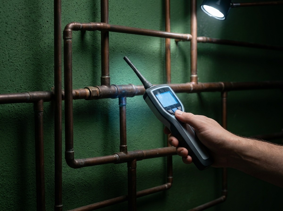 Professional drain snake equipment positioned over a floor drain in a tiled bathroom.
