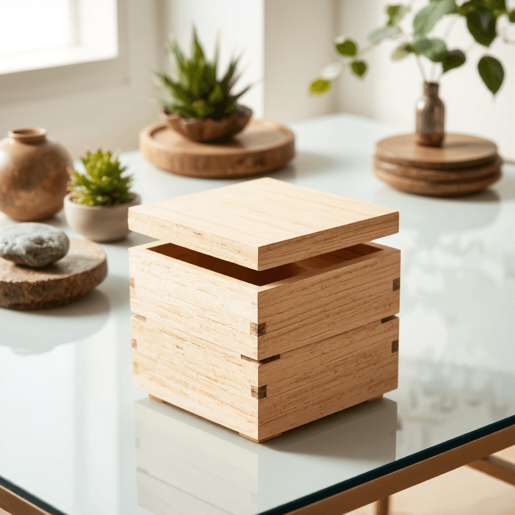 product photography of a small wooden box with a lid, used for storage or decoration