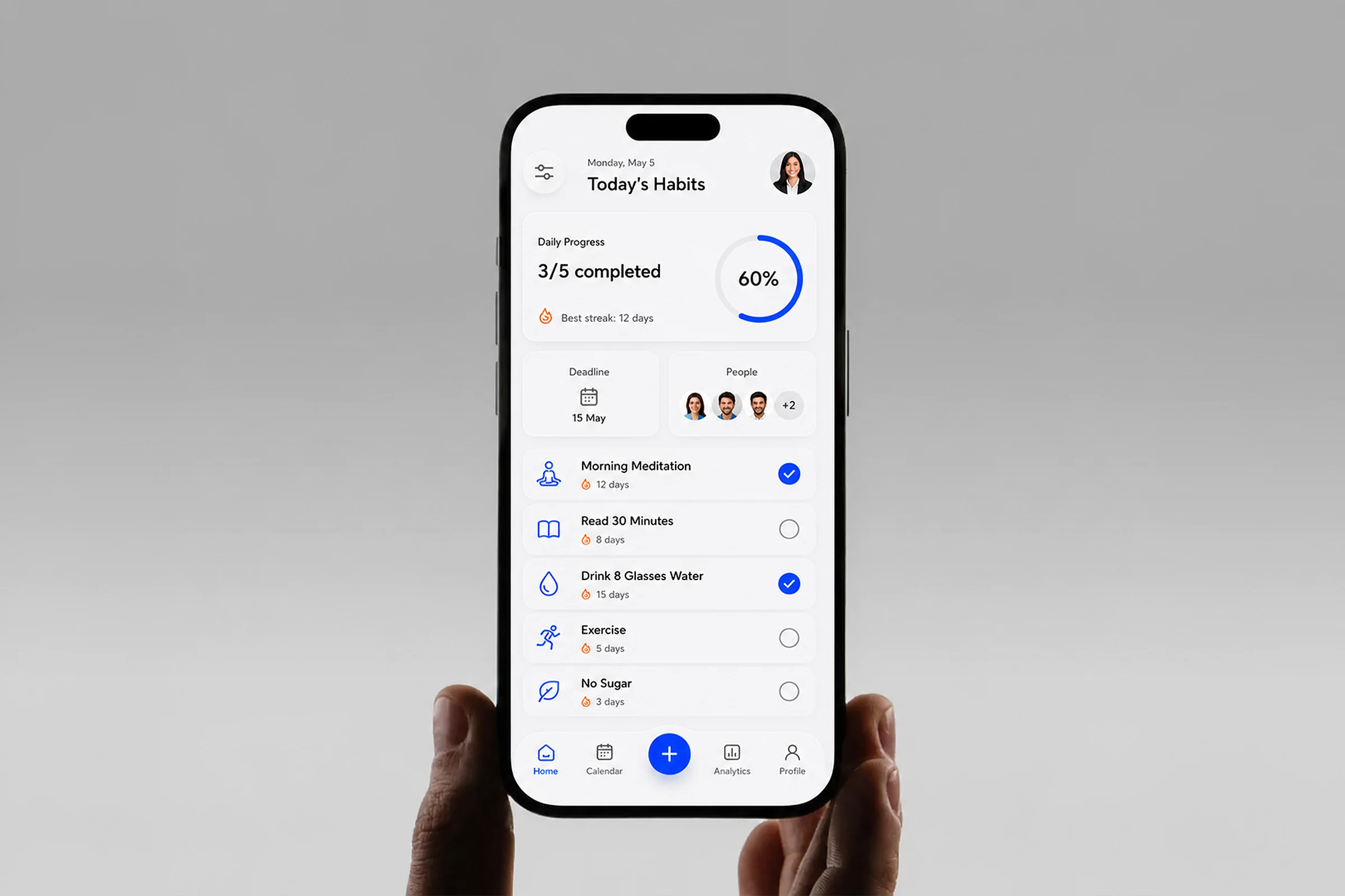 Mobile habit tracking app interface displayed on a smartphone