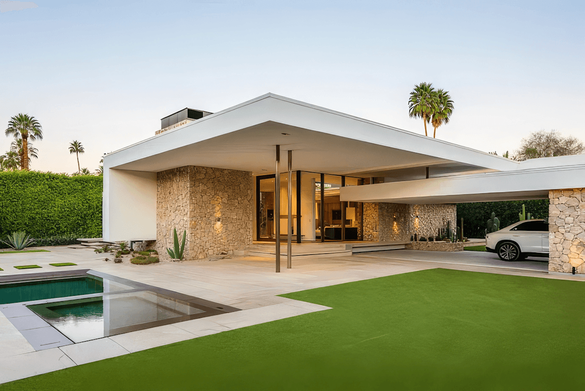 Modern flat-roofed house with stone walls, large glass windows, and a lit patio. Features a green lawn, swimming pool, and tall palm trees at dusk.