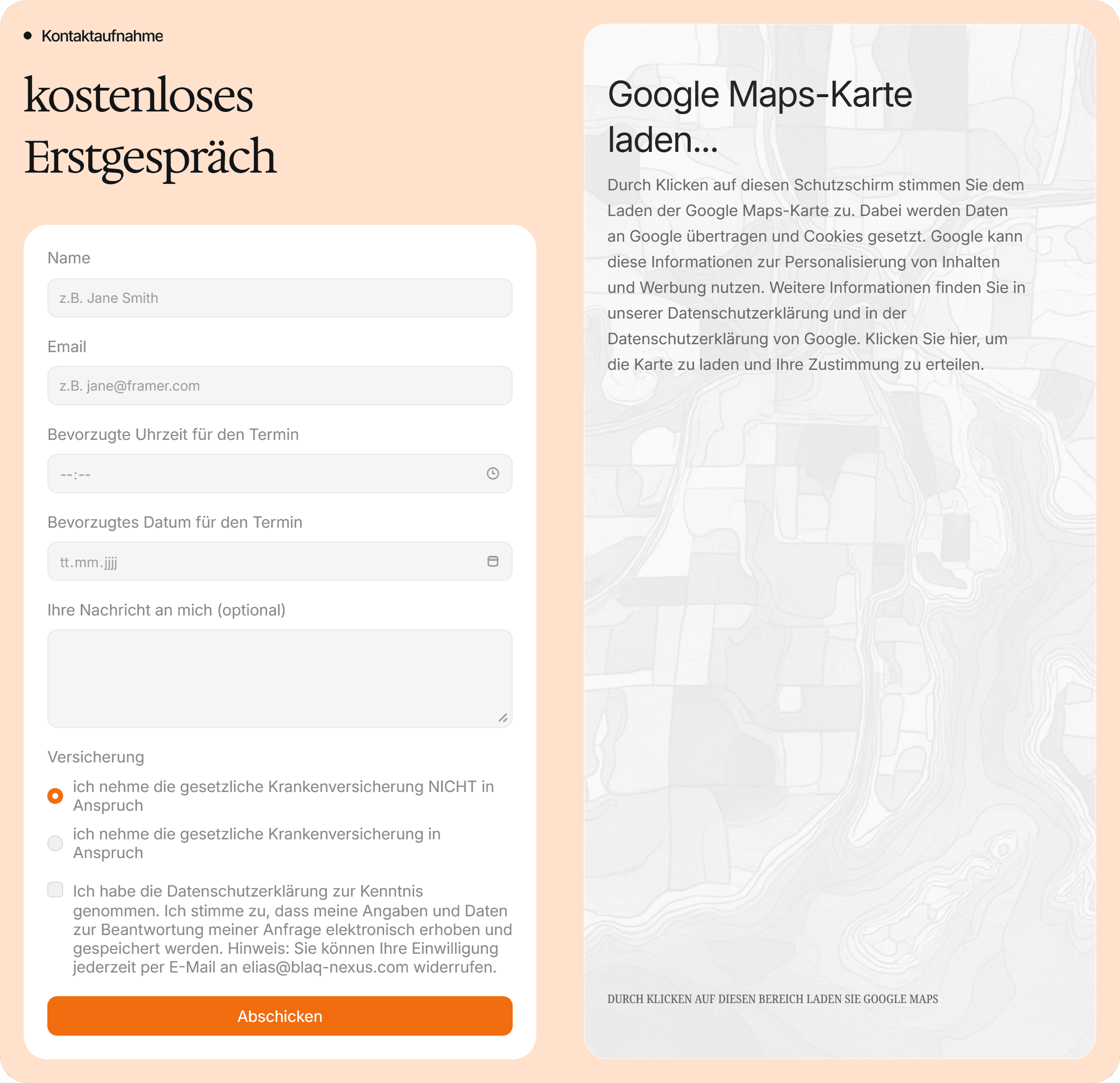 der Kontakt-Bereich einer Websites eines Psychotherapeuten