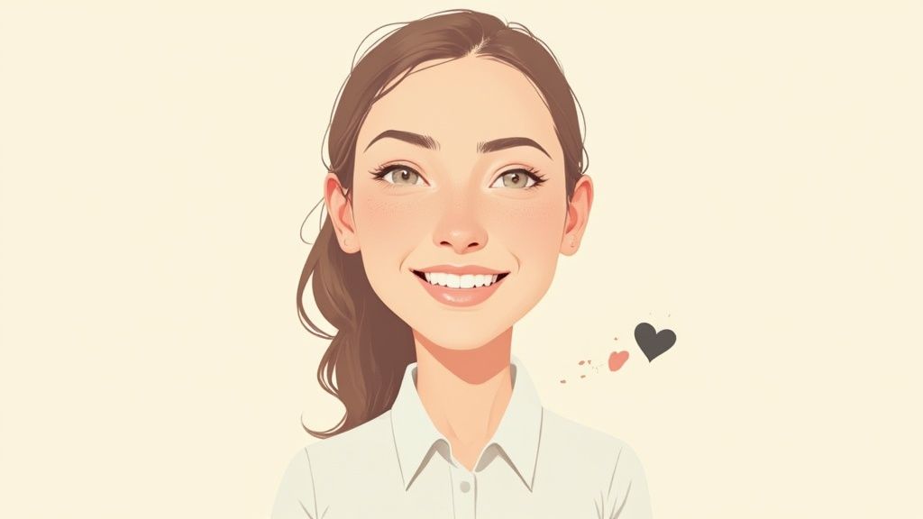 Lachende Zeichentrickfrau mit braunem Pferdeschwanz und weißem Hemd, freundlich blickend, mit Herzen.