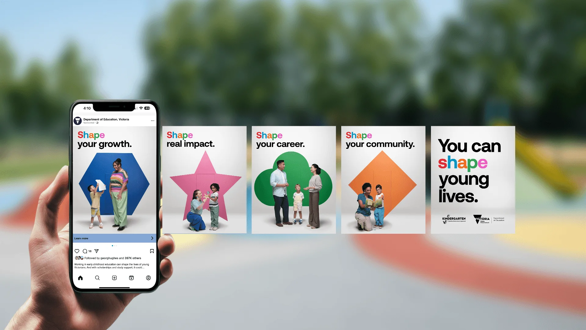 Phone showing a Free Kinder social ad, 'Shape your growth.', beside 'Shape real impact.' and 'Shape your career.' tiles