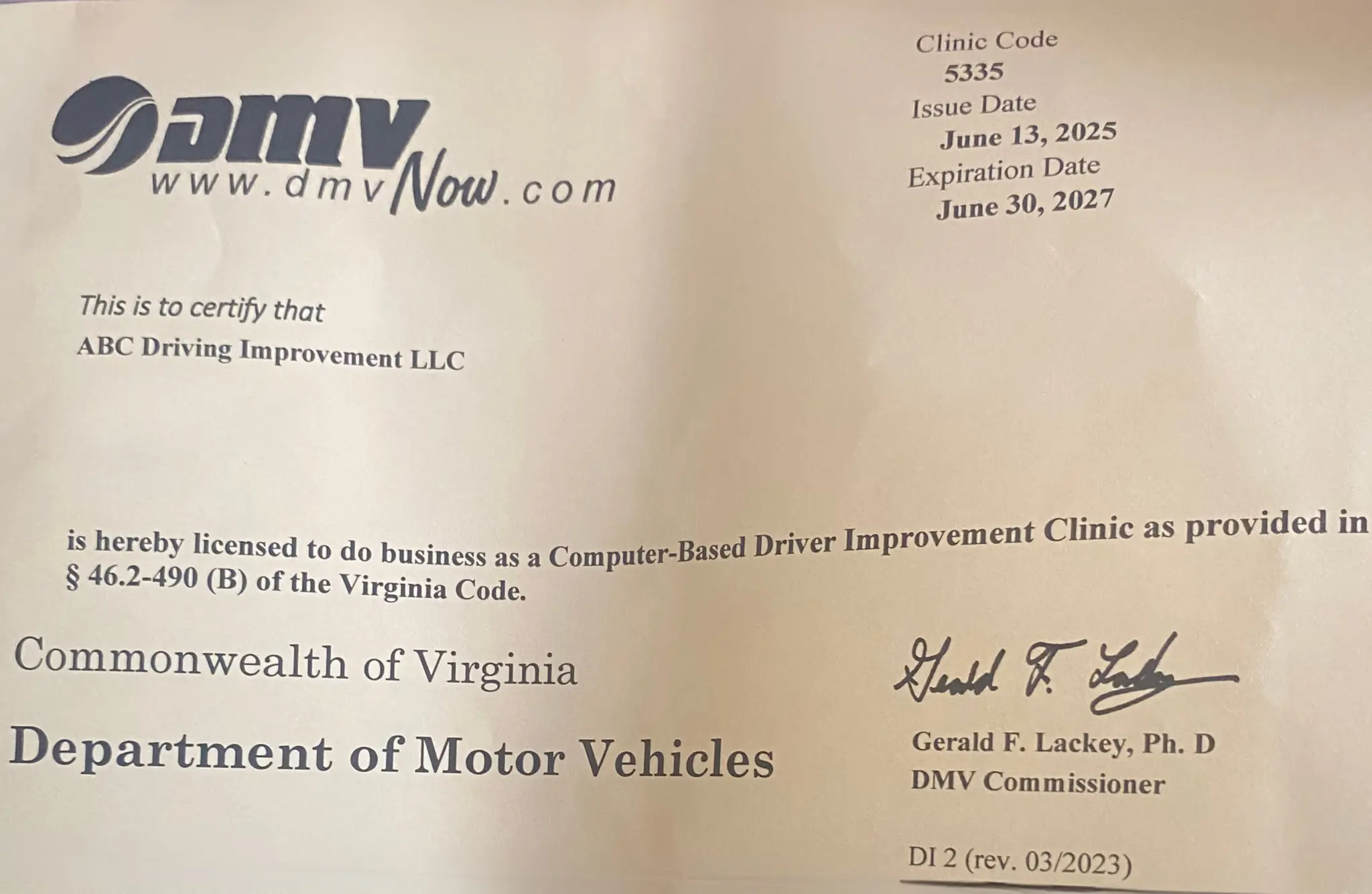 Virginia DMV Approval Certificate for ABC Driving Improvement