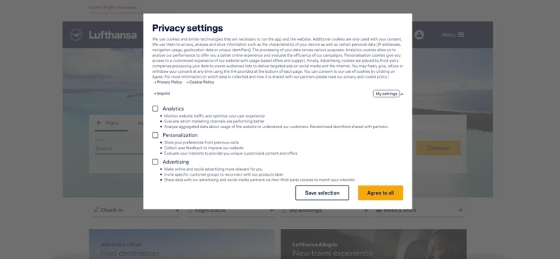 Lufthansa Cookie Notice Website Pop-Ups
