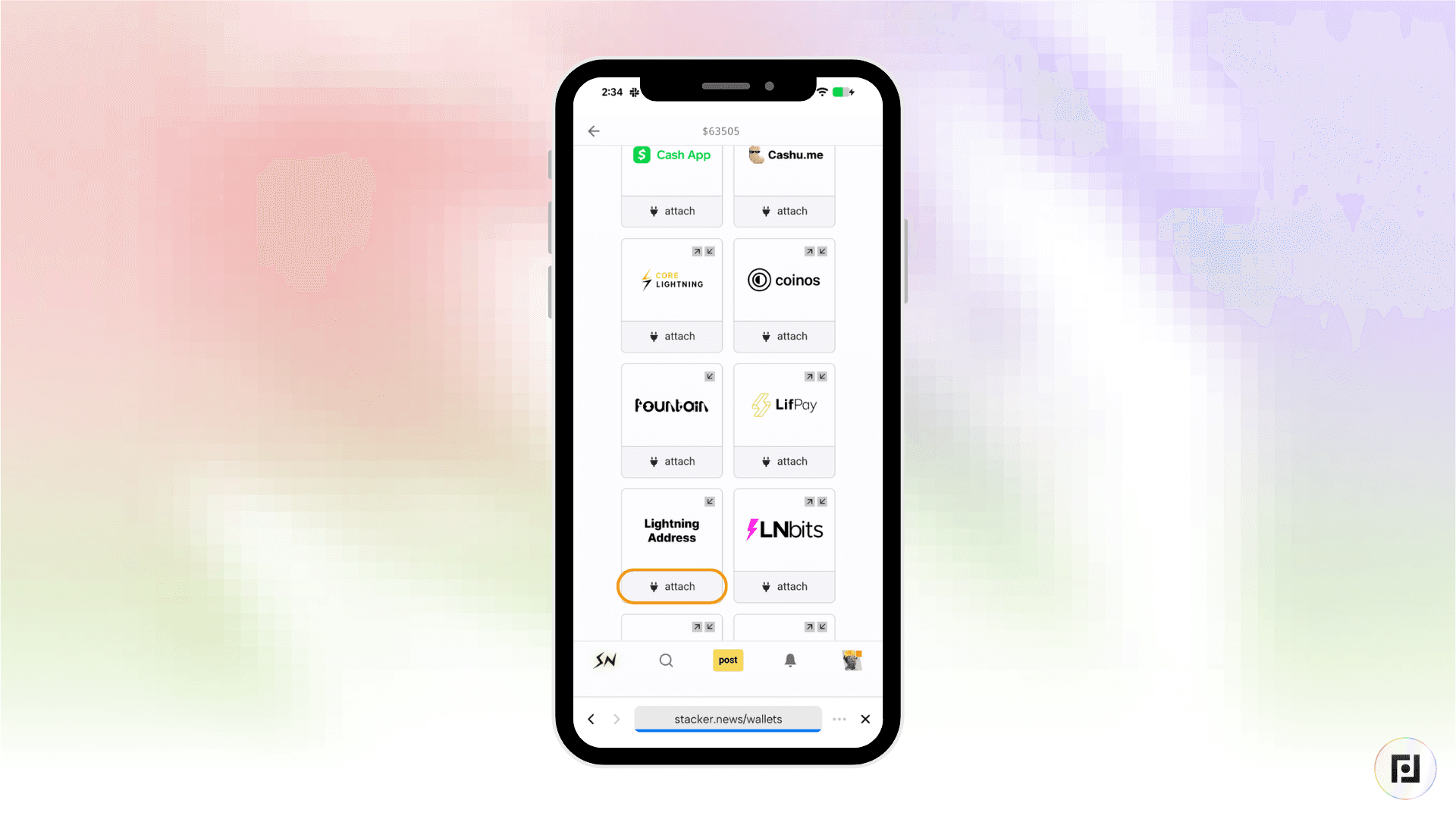 Stacker News wallet options screen displaying supported wallets including Lightning Address, with an Attach button to connect