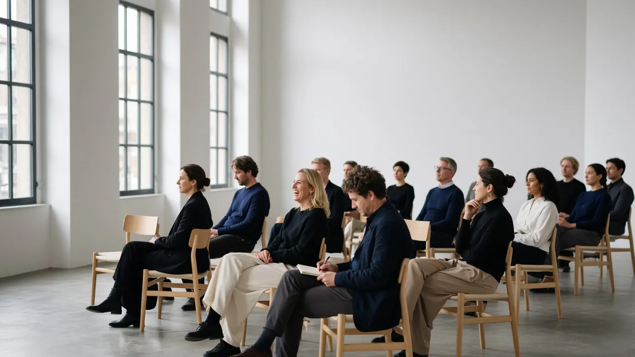 Designers listening to a talk in a gallery space