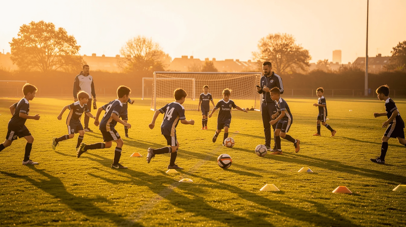A youth football team practices on a grass pitch during golden hour, showcasing players engaged in skill development under the guidance of their coaches. This training session emphasizes the importance of grassroots football in nurturing young talent and fostering teamwork within the community.