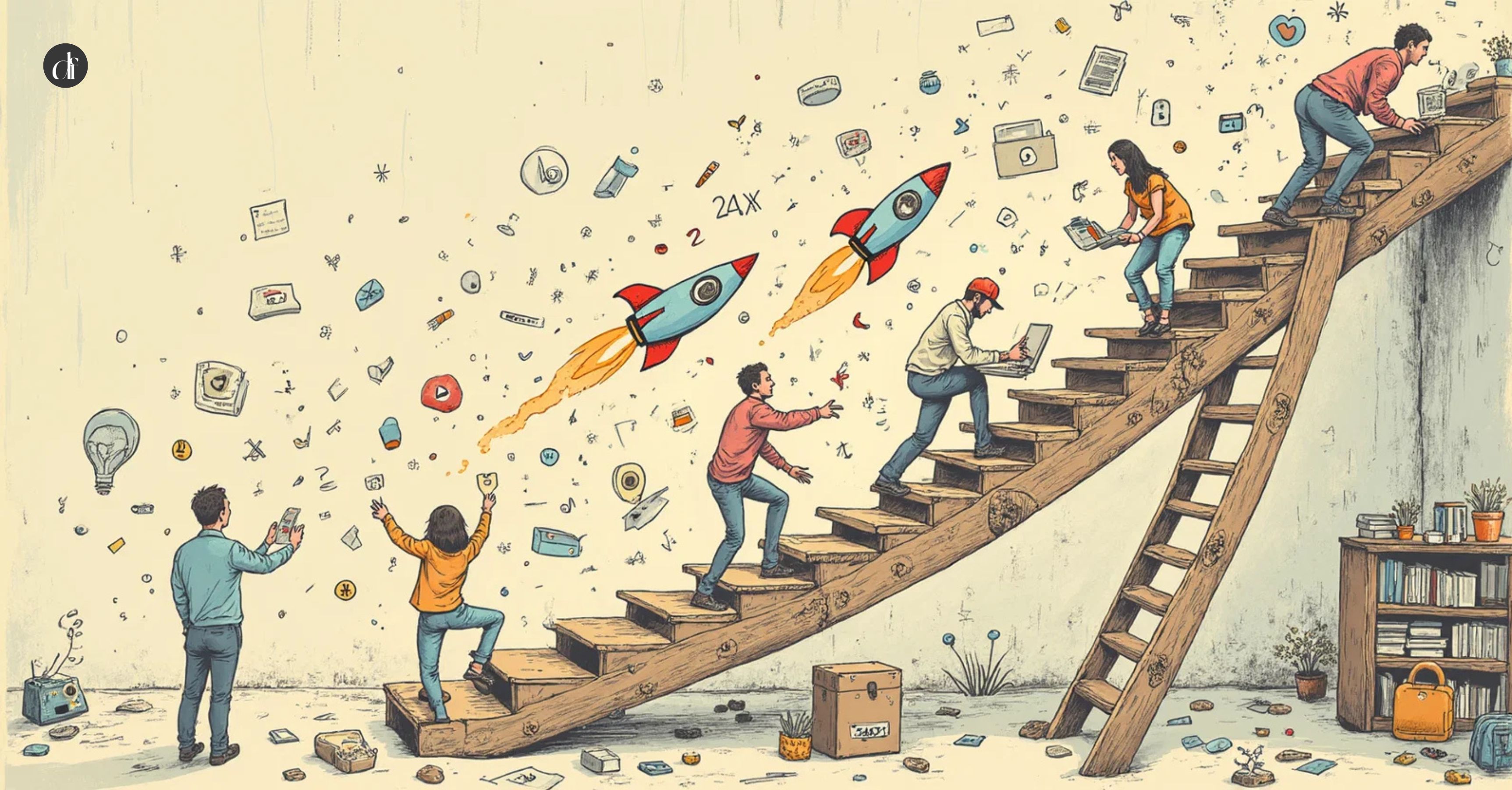 Professionals climbing wooden stairs toward growth with rockets and icons symbolizing LinkedIn strategy success and acceleration.