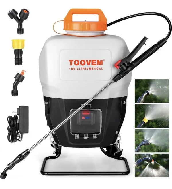 A garden sprayer with a handle, nozzle, and various attachments for efficient spraying and watering tasks.