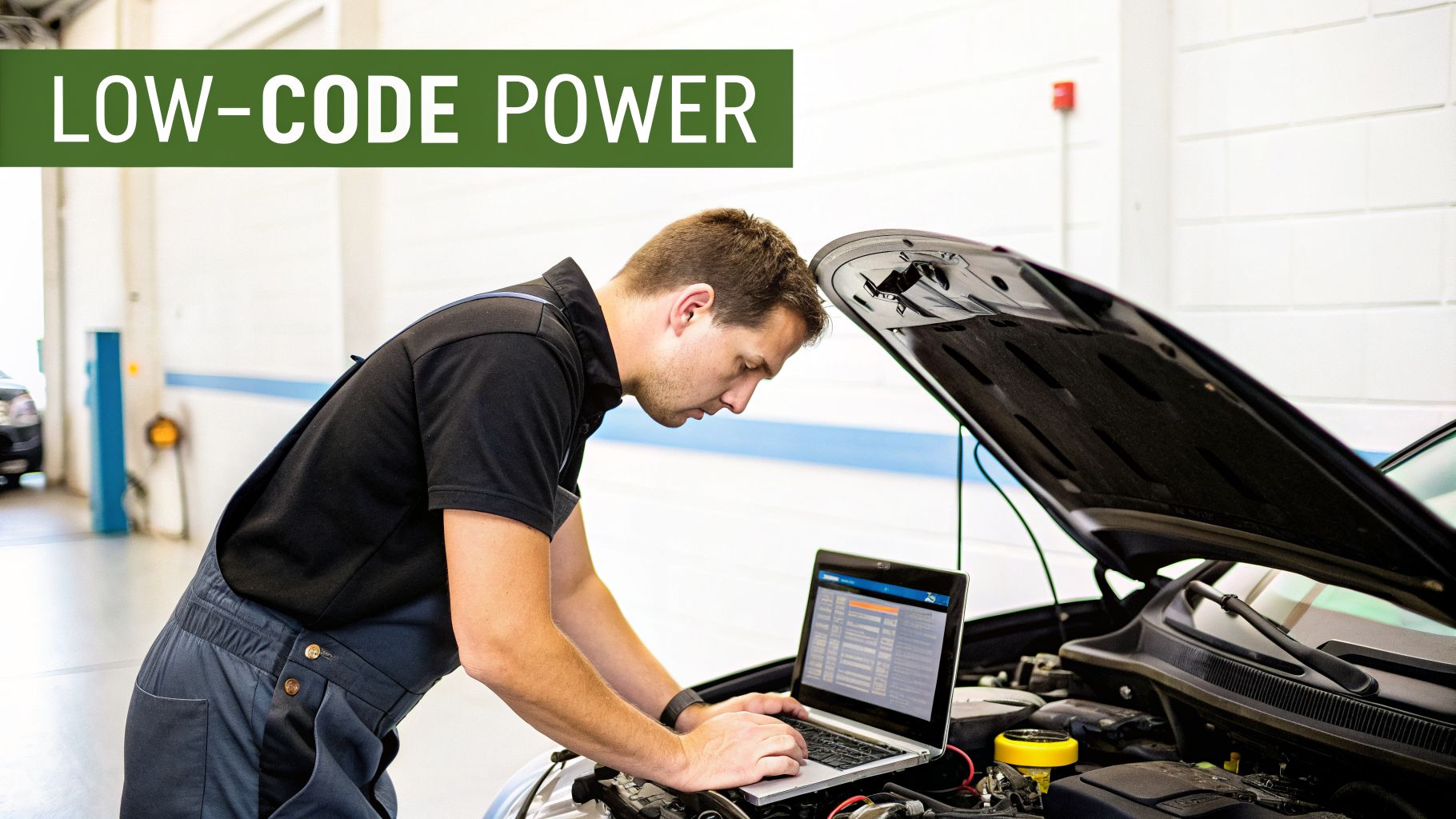 A mechanic uses a laptop to perform diagnostics on a car's open engine in a garage.