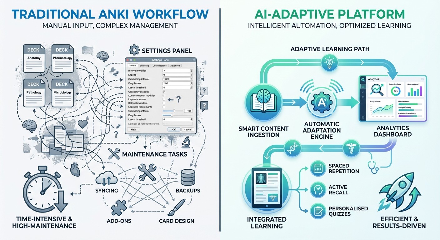 Anki vs AI-adaptive platform workflow comparison for USMLE Step 1 prep