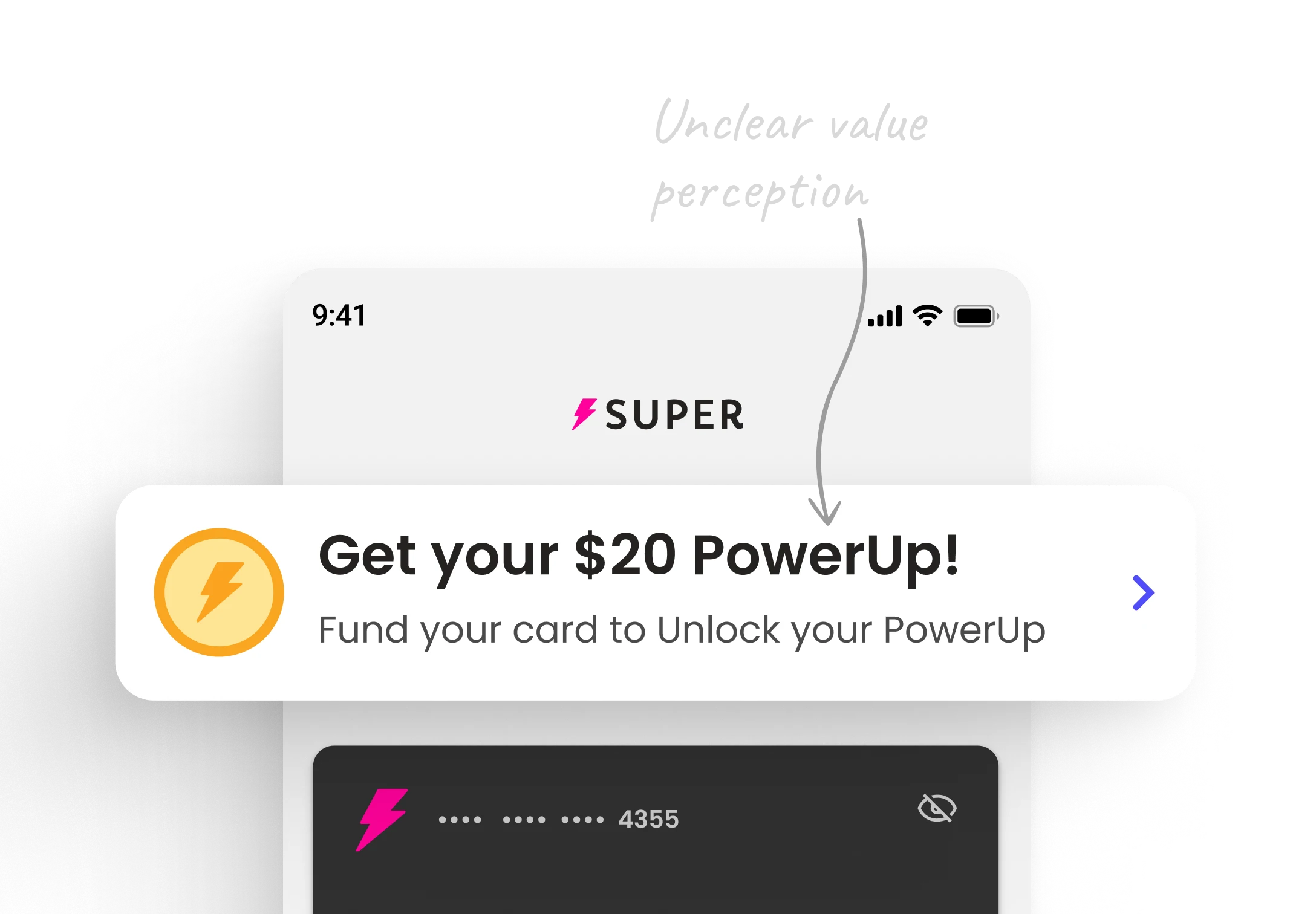 UI mockup of Super.com’s PowerUp prompt reading ‘Get your $20 PowerUp!’ with a note on unclear value perception, illustrating user confusion about real versus symbolic rewards.