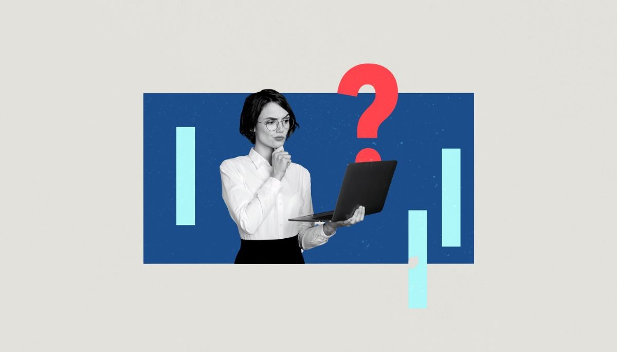 Person holding a laptop with a large red question mark behind them, symbolizing workplace confusion and malicious compliance.