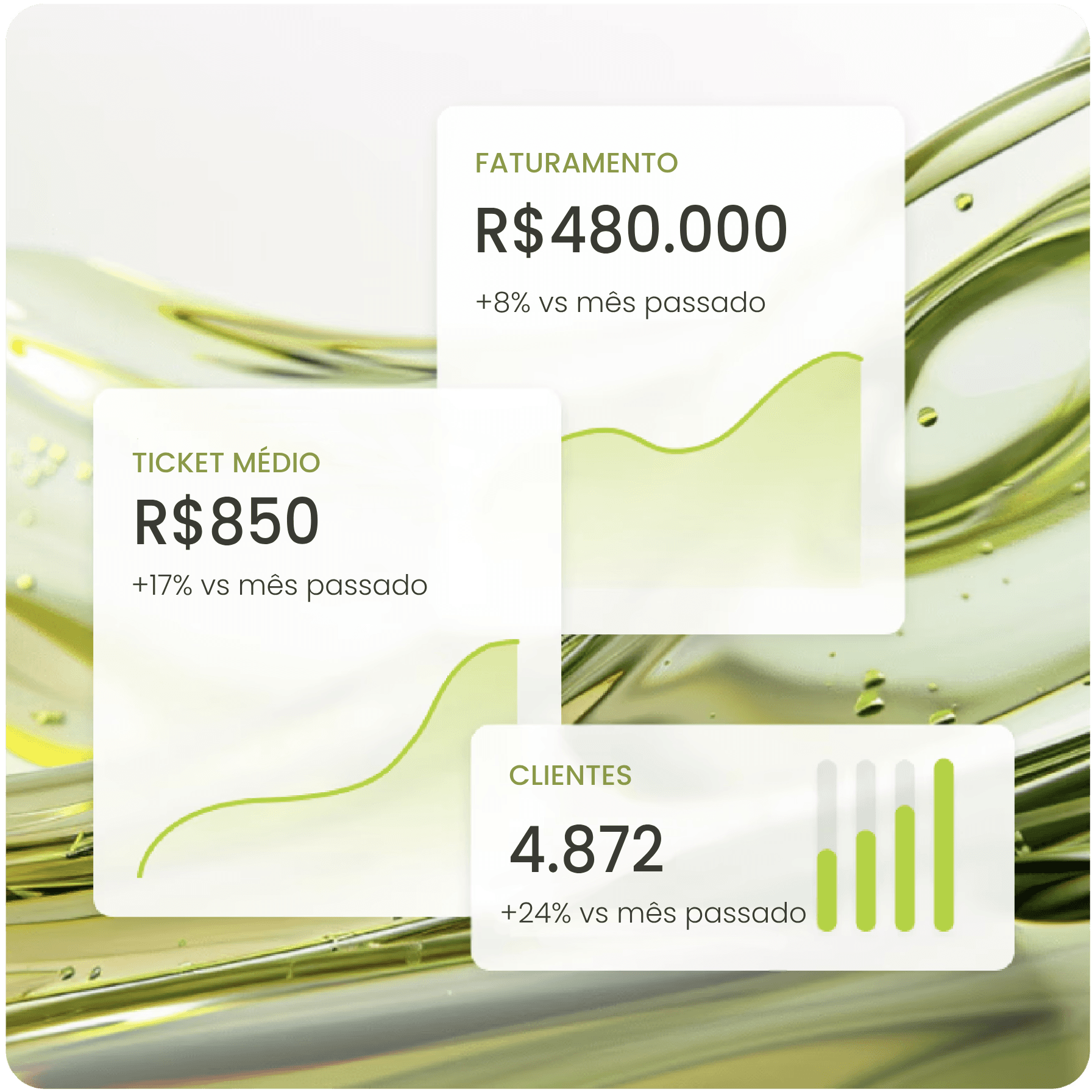 Green glass-metallic background with statistic cards