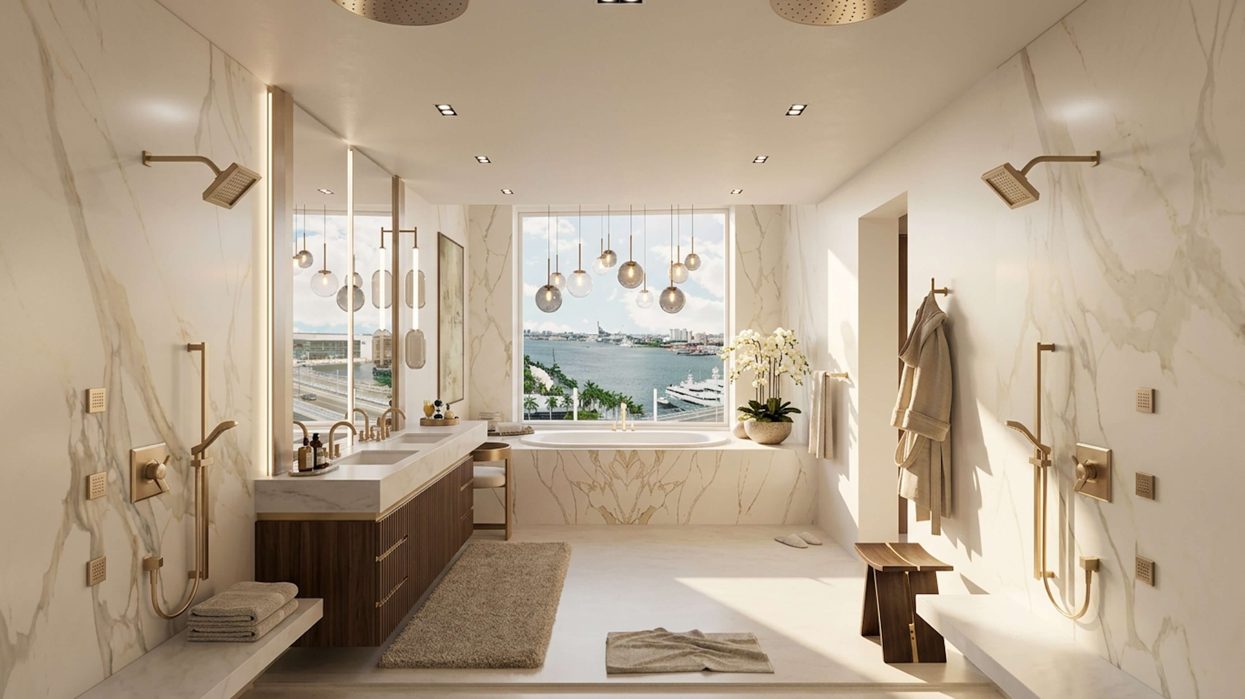 Soft neutral primary suite with palm-pattern wallpaper, upholstered bed, brass accents, and serene layered textures.