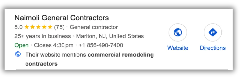 Naimoli General Contractors Google Business Profile showing 5-star rating and contact info.