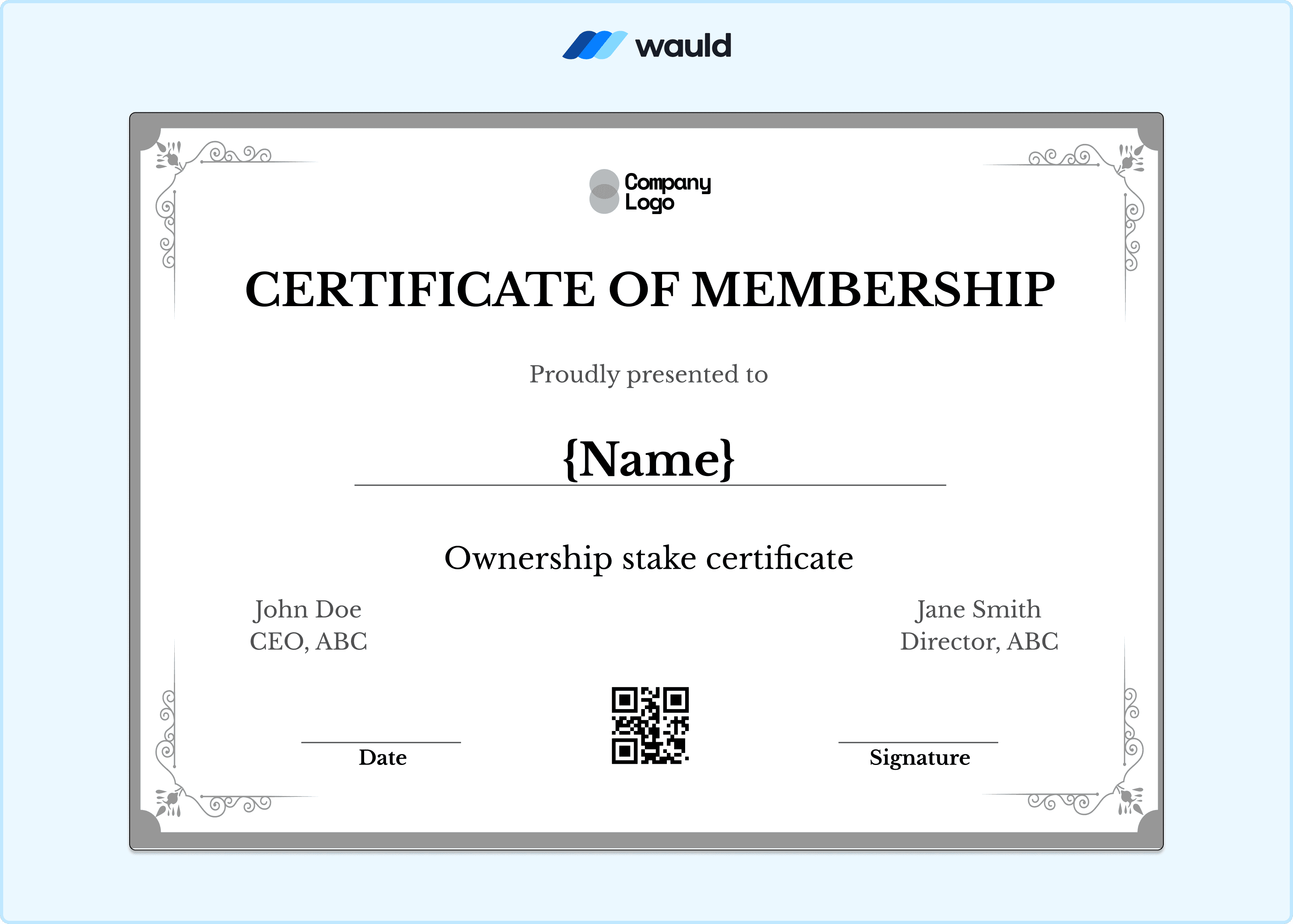 Formal certificate of membership template with clean white layout, member name field, ownership stake details, dual CEO and director signature lines, and QR code
