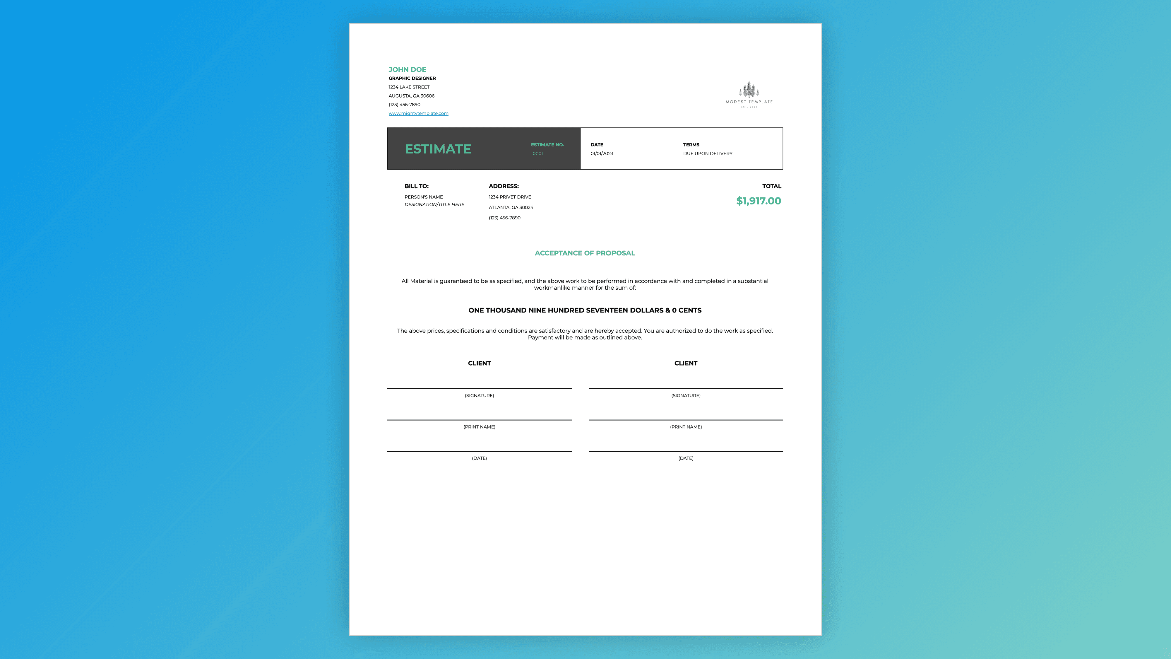 Professional estimate template with acceptance of proposal – bill to client, terms, total amount in words, signature lines for client and owner, and due upon delivery