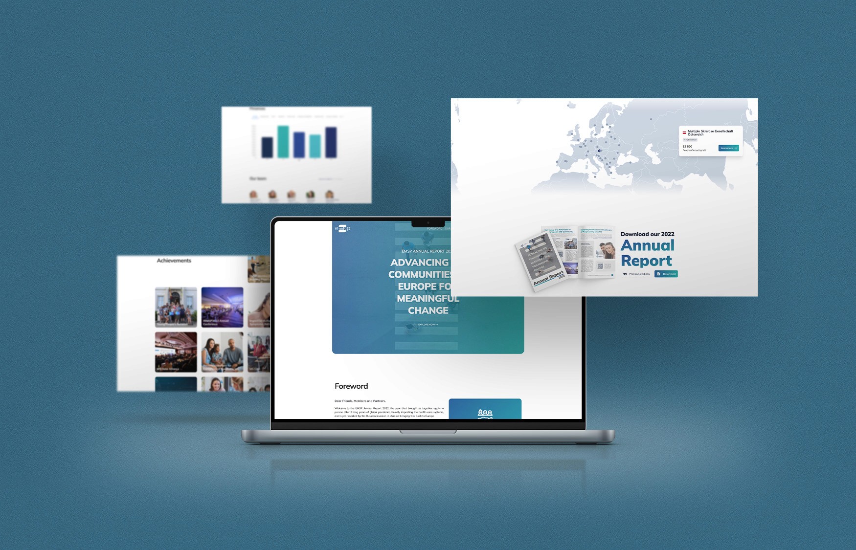 EMSP Interactive Annual Report 2022 on a laptop surrounded by floating screens