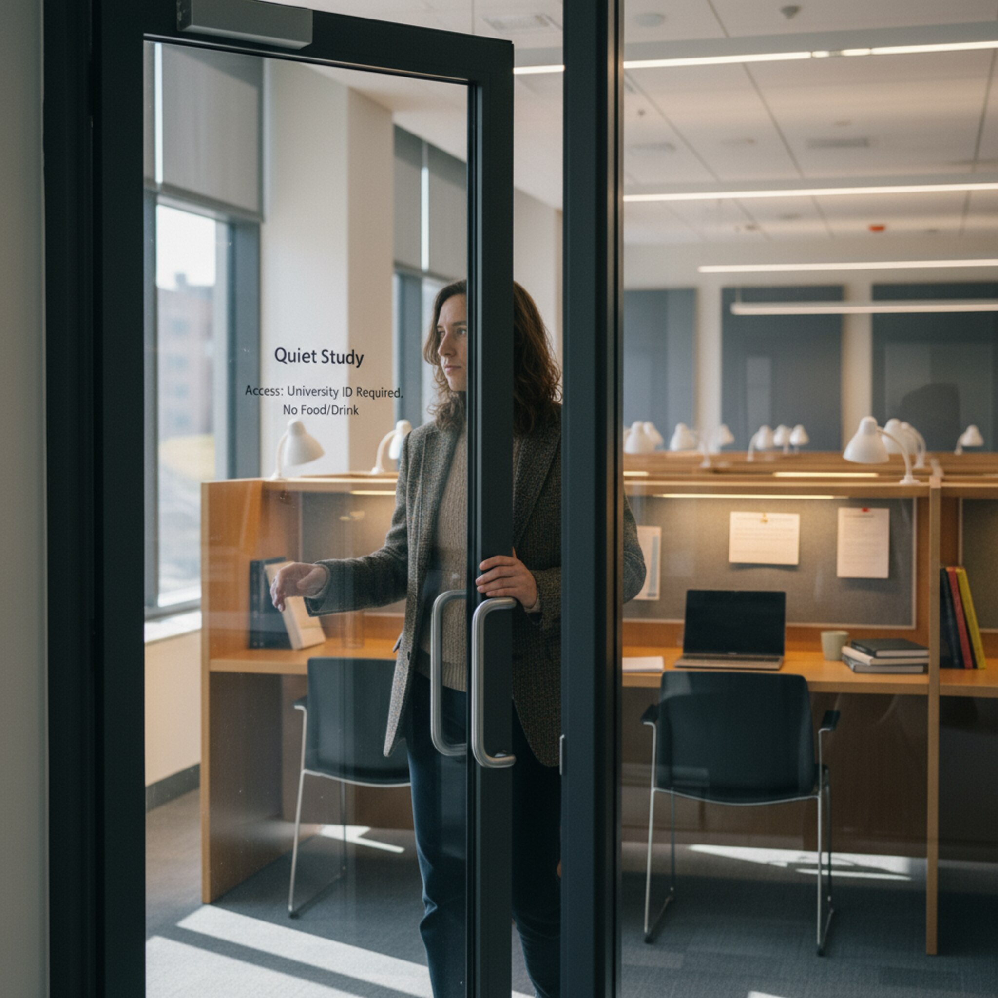 Behind a half-open glass door lies a quiet carrel area with individually separated work niches. A person enters, glances around briefly to get their bearings in the silent zone, and quietly closes the door. The clear delineation signifies defined access points. The atmosphere is respectful and focused.