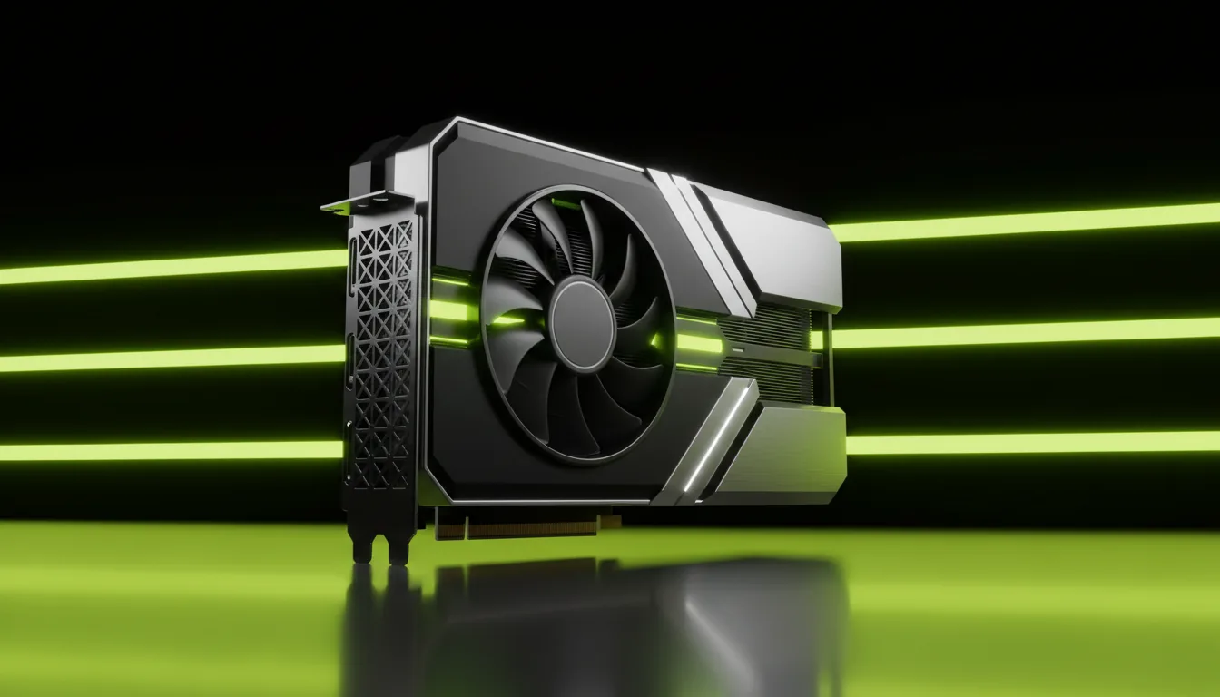 3D render, Blender style product visualization of a futuristic NVIDIA RTX 4090 GPU. The graphics card is shown at a sleek three-quarters angle, featuring a matte black and brushed gunmetal aluminum casing with polished silver accents and a visible cooling fan. Soft global illumination creates sharp highlights on its metallic edges. The background is deep black with dynamic, horizontal motion-blurred streaks of vibrant lime green light, creating a sense of extreme speed. The GPU rests on a glossy lime green surface with subtle reflections.