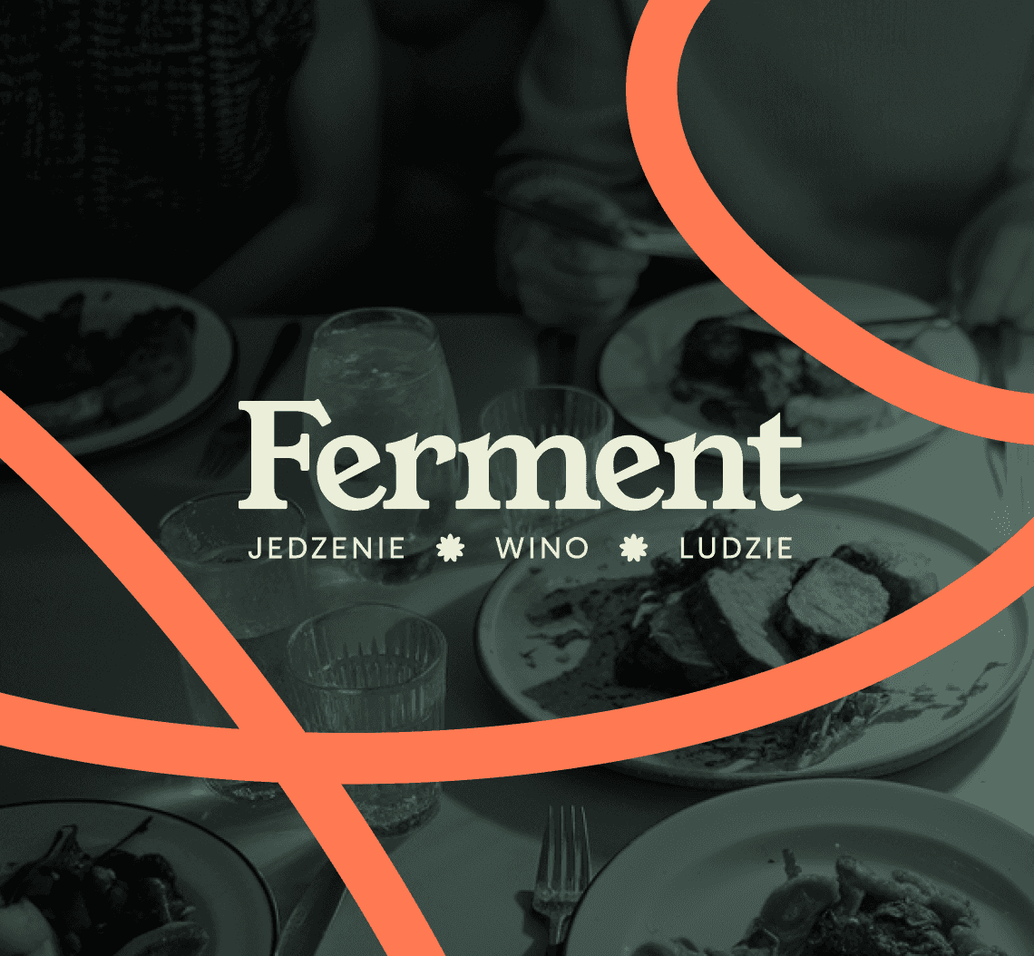 Logo of Ferment restaurant on a dark green background photo showing people next to the table and orange path key visual