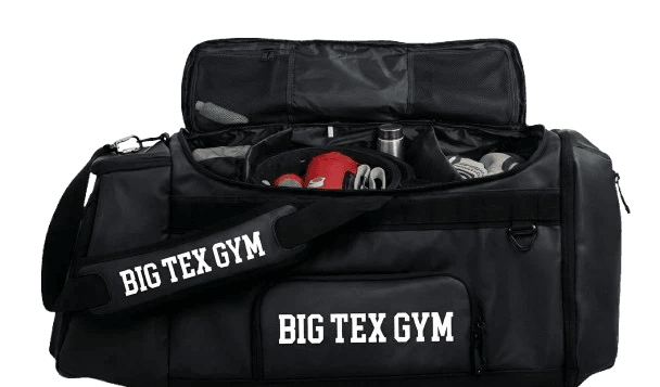 Open Big Tex Gym duffel bag packed with boxing gloves and training gear