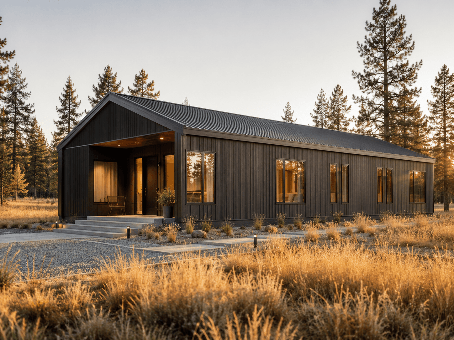 Exterior view of The Workshop, a two-bedroom prefab modular home with dark charcoal cladding, black-framed windows, and a low-pitched gable roof set among pine trees at golden hour.