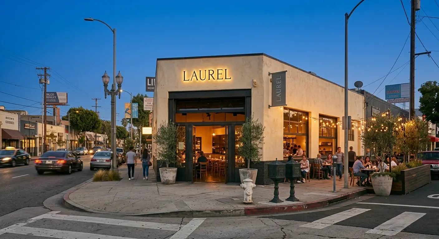 Exterior corner view at twilight of Laurel restaurant with illuminated signage, large windows, string lights, and sidewalk patio dining.