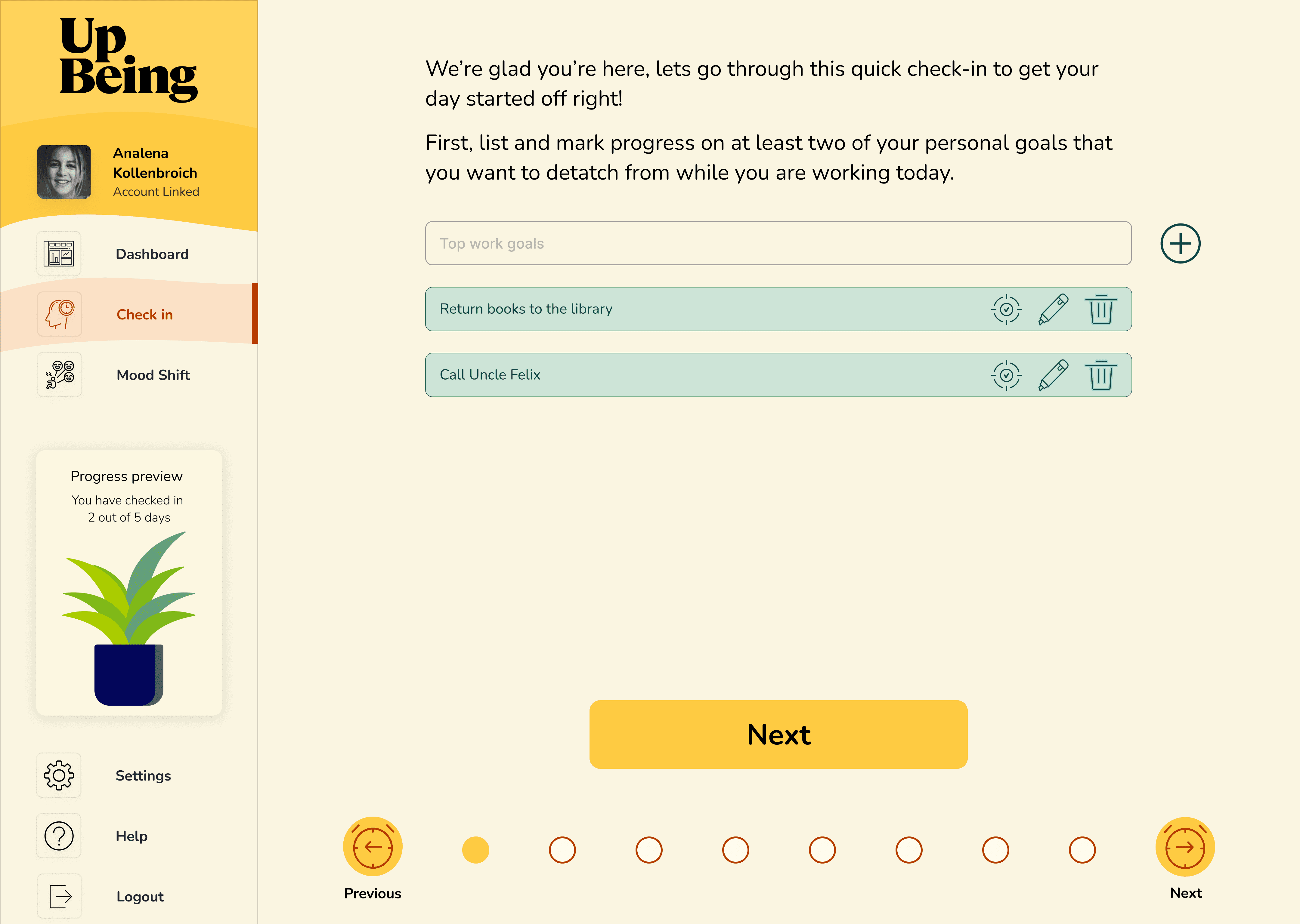 UpBeing reflection screen asking the user to consider their current emotional state, with primary and secondary action buttons.