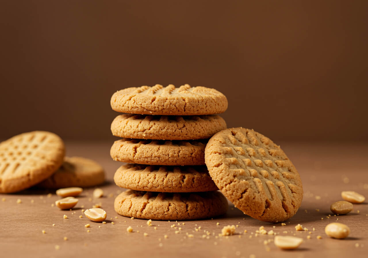 Peanut butter cookie with a classic crisscross pattern against a rich brown background