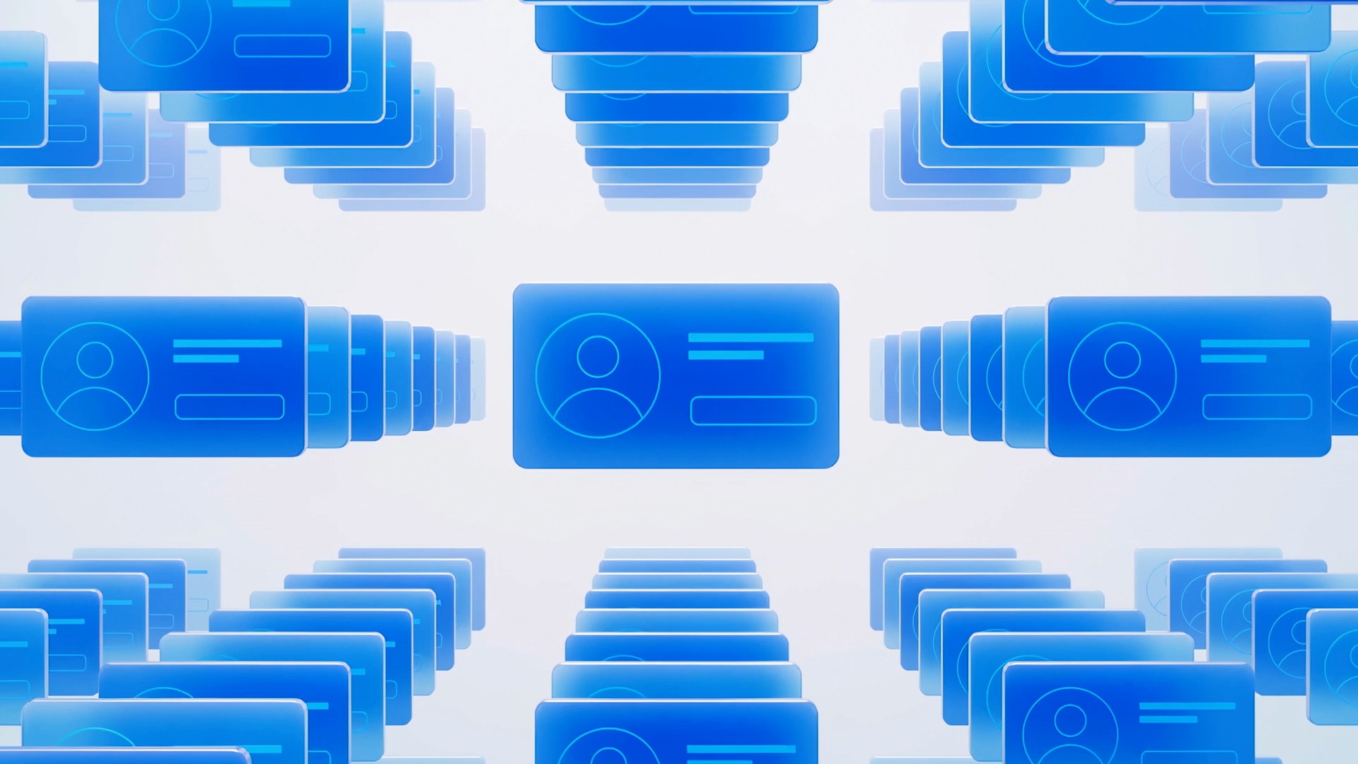 3D animation of employee profile cards arranged in structured rows, illustrating talent database filtering and selection.