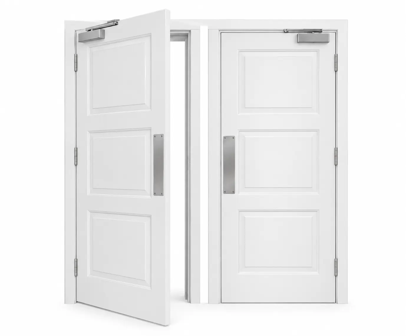 Partially open white fire doors