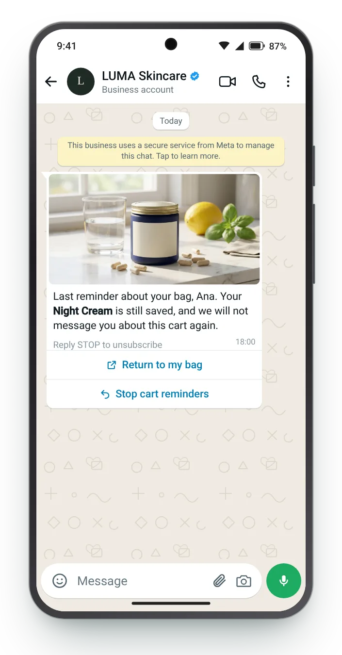 Final notice with an opt-out button: WhatsApp cart reminder on an Android phone