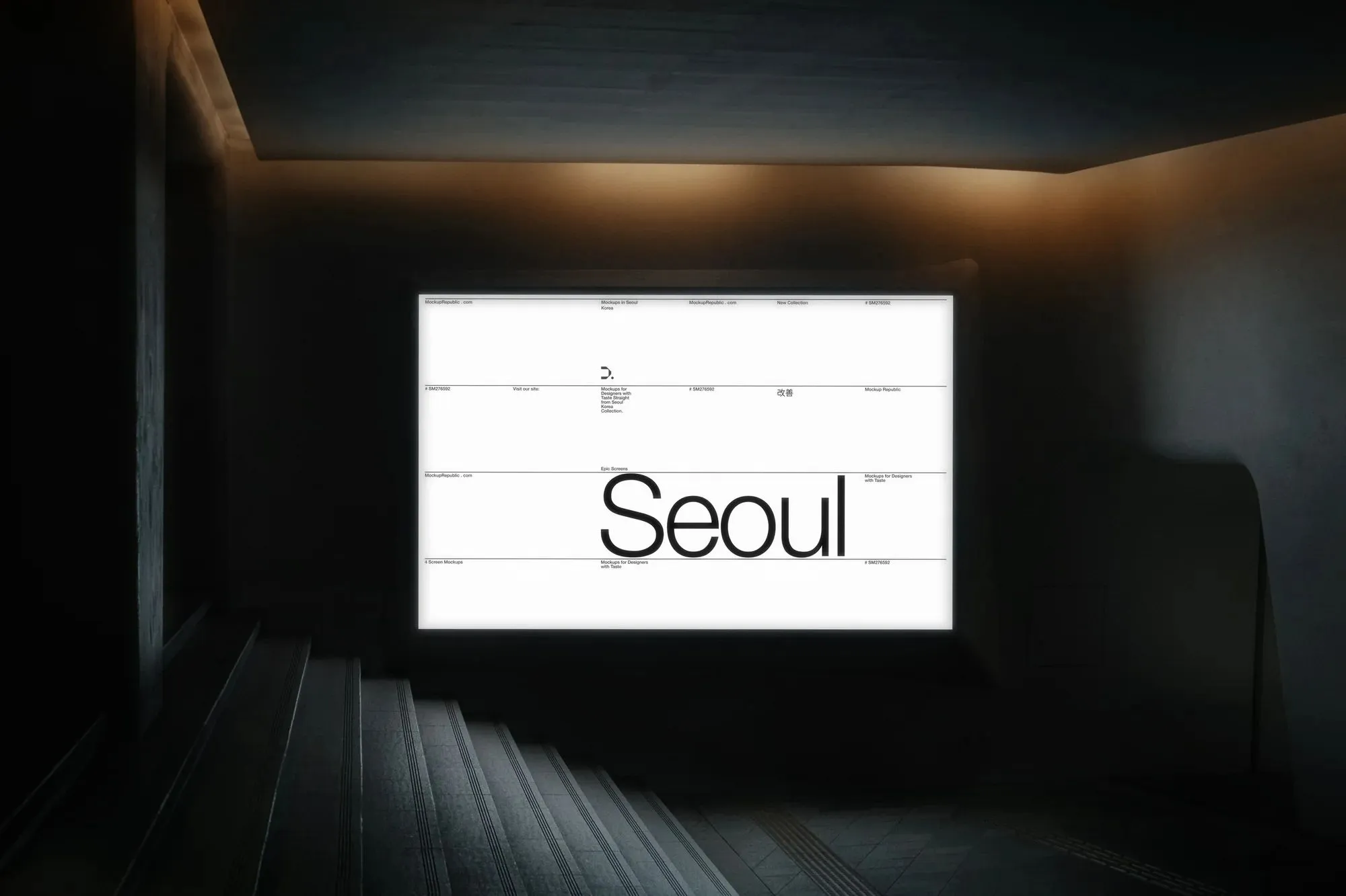 Large illuminated display reading 'Seoul' in a dark, minimalist space with descending steps. Creates a dramatic, modern ambiance ideal for urban or architectural themes.