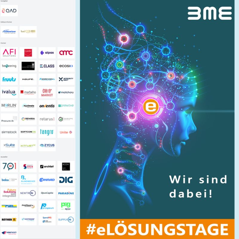 An abstract image features a digital, futuristic human head with interconnected, glowing neural pathways, surrounded by various technology company logos and the phrase "#eLÖSUNGSTAGE Wir sind dabei!" alongside the BME logo.