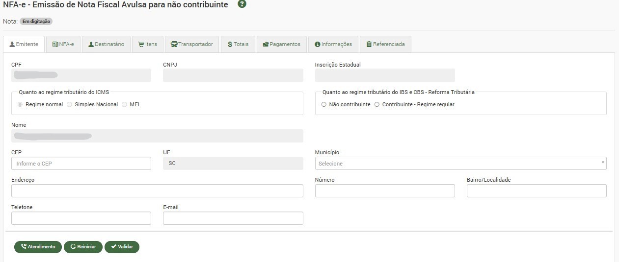Tela de emissão de Nota Fiscal Avulsa (NFA-e) para não contribuinte, com campos para dados do emitente, regime tributário, endereço e informações de contato.