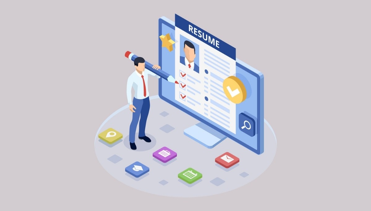 Illustration of a person editing a digital resume on a large computer screen, surrounded by icons for location, calendar, email, and search—representing the functionality of applicant tracking systems and cloud-based hiring solutions.