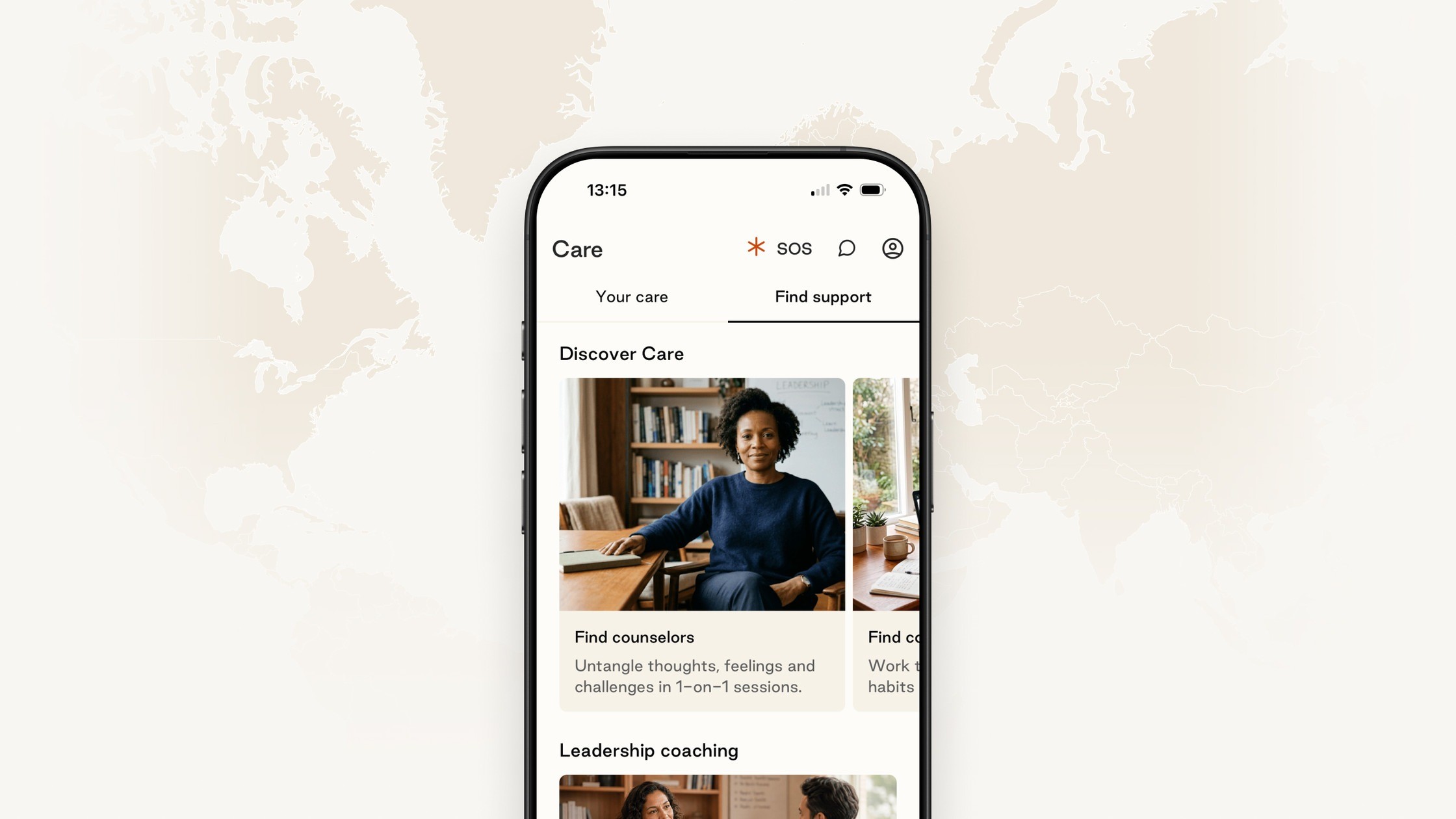 Smartphone showing a Care app with Find support, Discover Care, a counselor portrait, and leadership coaching cards.