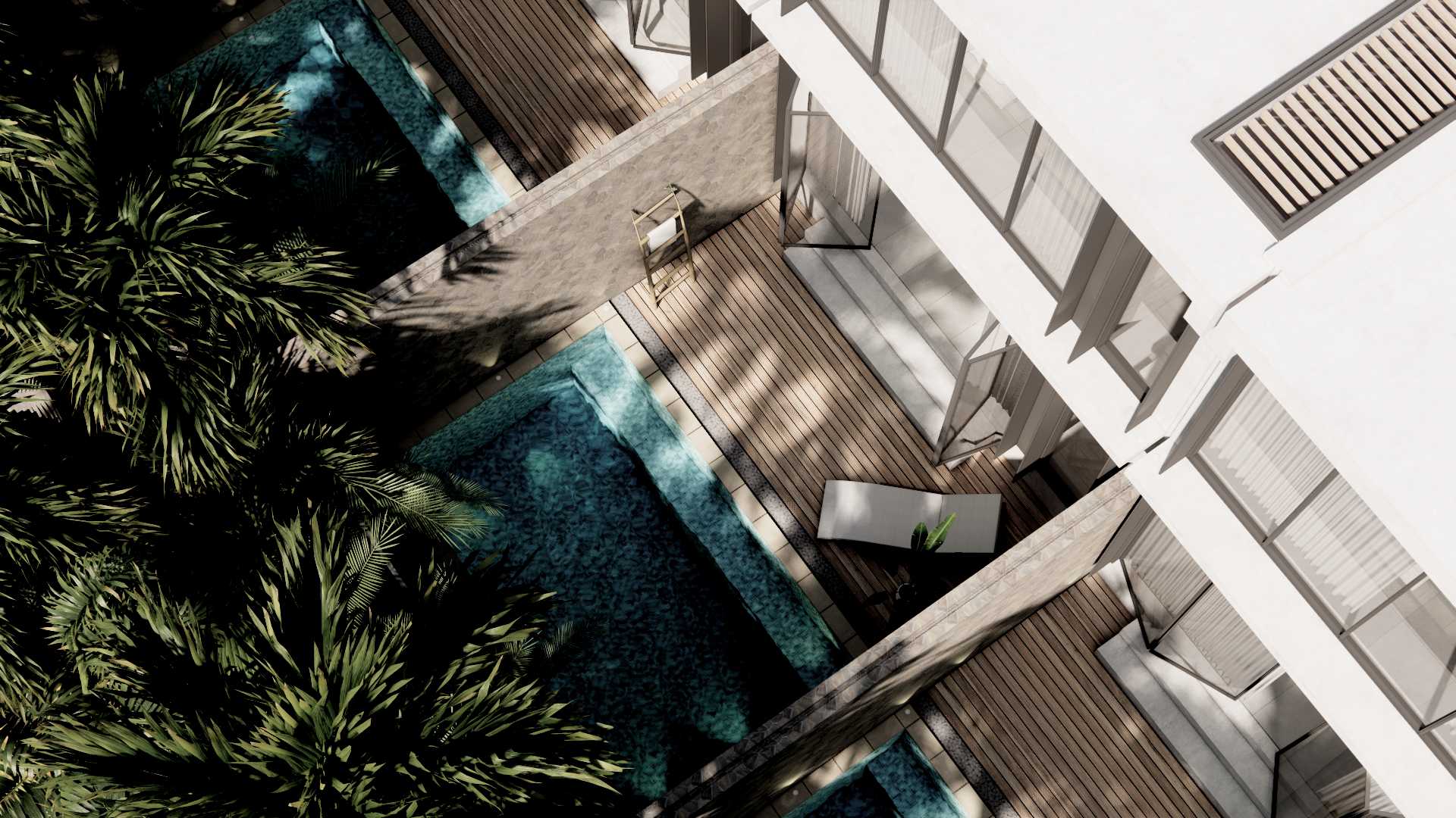 Aerial view of a modern patio with wooden decking, a sun lounger, and a pool at Olympus One. Lush green palm trees cast shadows, creating a serene, tropical vibe.
