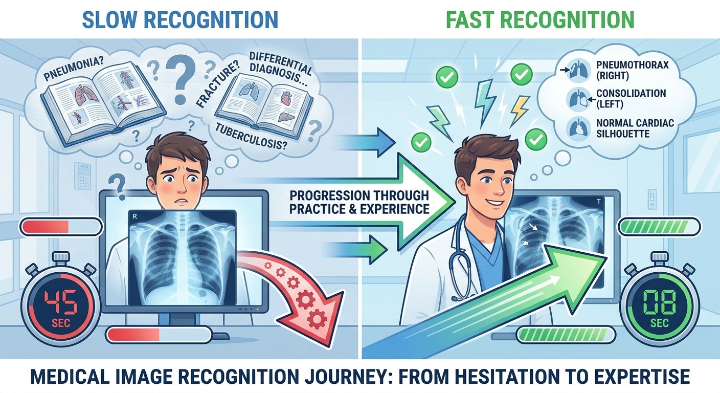 Visual diagnosis speed progression from slow textbook-based recognition to fast pattern matching