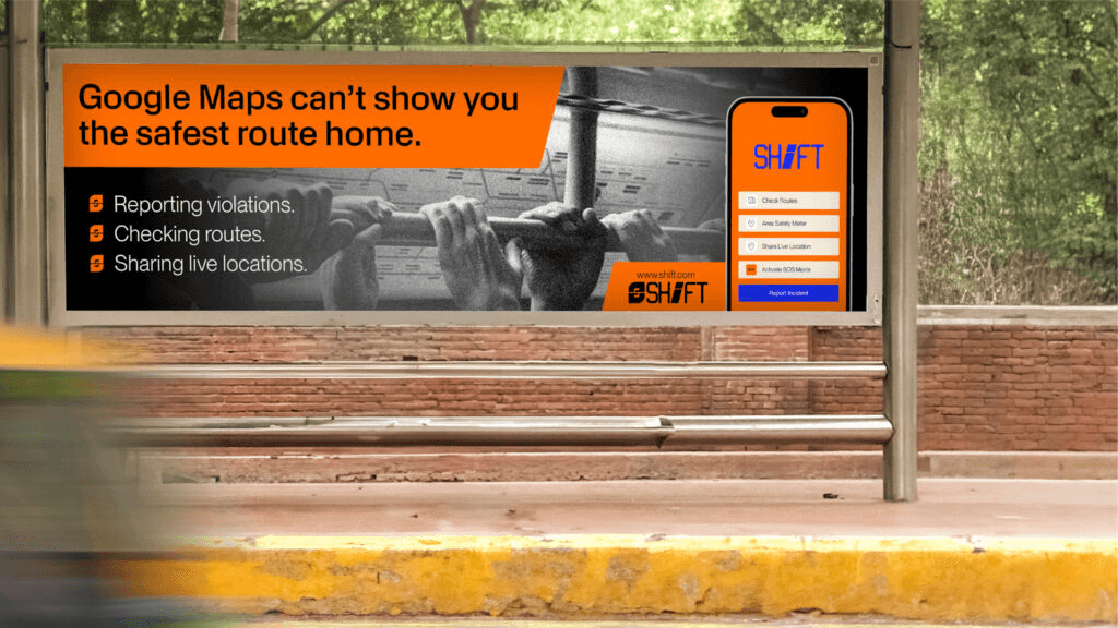 The image displays a mobile application called "SHIFT," which focuses on reporting incidents related to sexual violations. It features a user-friendly interface with sections for home screen, checking routes, SOS mode, and reporting incidents. Additionally, there is a black and white booklet titled "SHIFT BOOKLET" containing important quotes about consent, emphasizing that "no" can be expressed in various ways. A QR code is included to access a video on Tea & Consent.