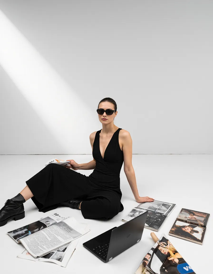 Minimalist fashion scene with person in black attire sitting on white floor surrounded by magazines and laptop in artistic arrangement