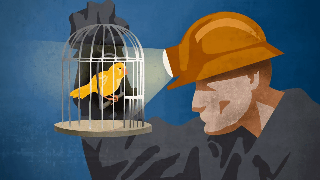 Coal miner holding canary in cage with flashlight beam, symbolizing early warning system for detecting invisible dangers before crisis