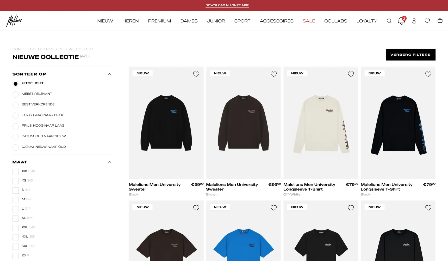 Collection page of the Malelions webshop