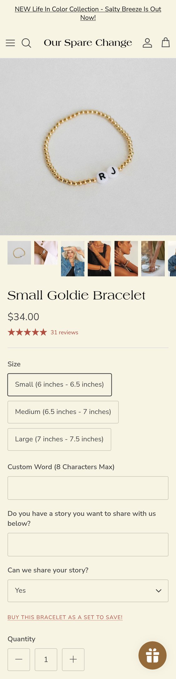 Jewelry product options include: bracelet for Small Goldie Bracelet from Our Spare Change.